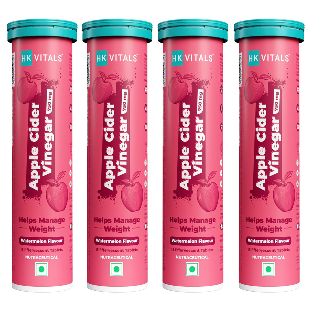 HealthKart HK VITALS Apple Cider Vinegar 750mg (Watermelon, 15 Effervescent Tablets) Pack of 4| For Weight Management & Gut Health, Supports Digestion