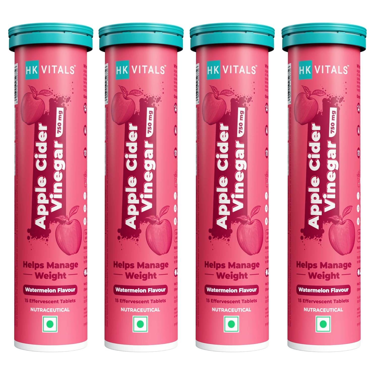 HealthKart HK VITALS Apple Cider Vinegar 750mg (Watermelon, 15 Effervescent Tablets) Pack of 4| For Weight Management & Gut Health, Supports Digestion