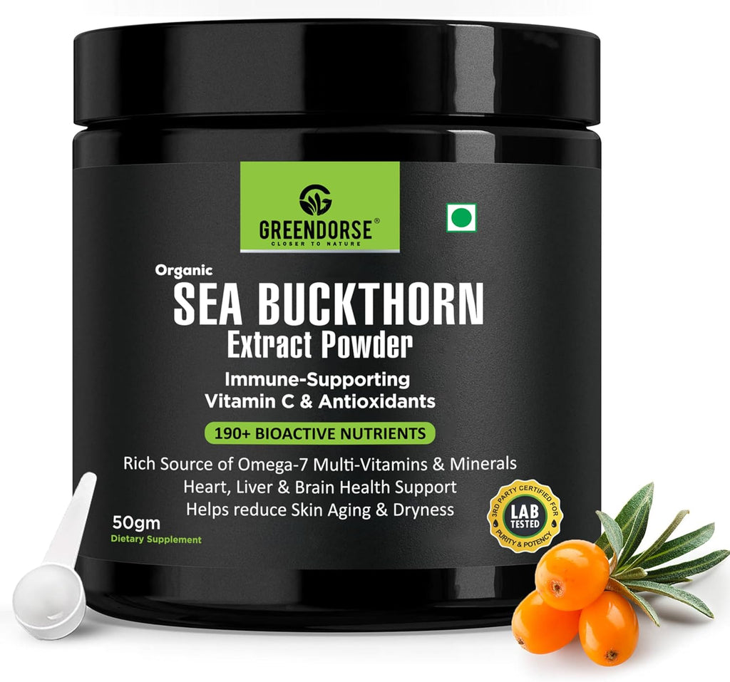 GREENDORSE Himalayan Sea Buckthorn (Omega-7) Extract Powder, SUPERFRUIT with 190+ Active Nutrients, Omega, Antioxidants Protection, Supports Brain, Liver & Heart Functioning- 50g