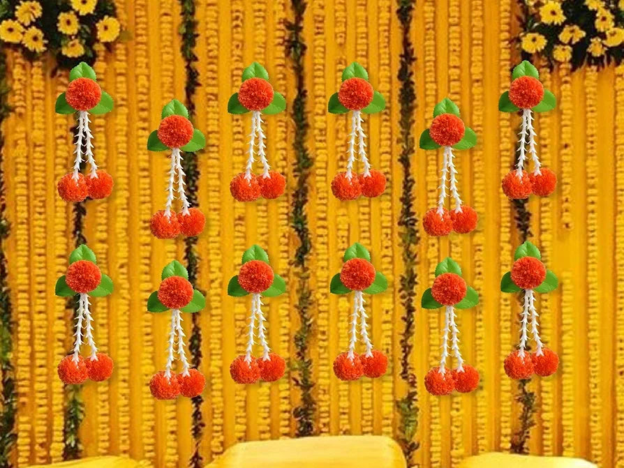 Artificial Flowers and Leaves Decoration Pack of 12 - Orange & Green