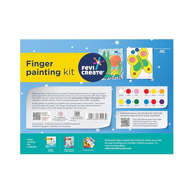 Fevicreate Finger Painting Kit 18 Activities With Printed Templates & 5 Vibrant Non-toxic Colours for Kids Age 3+ Years