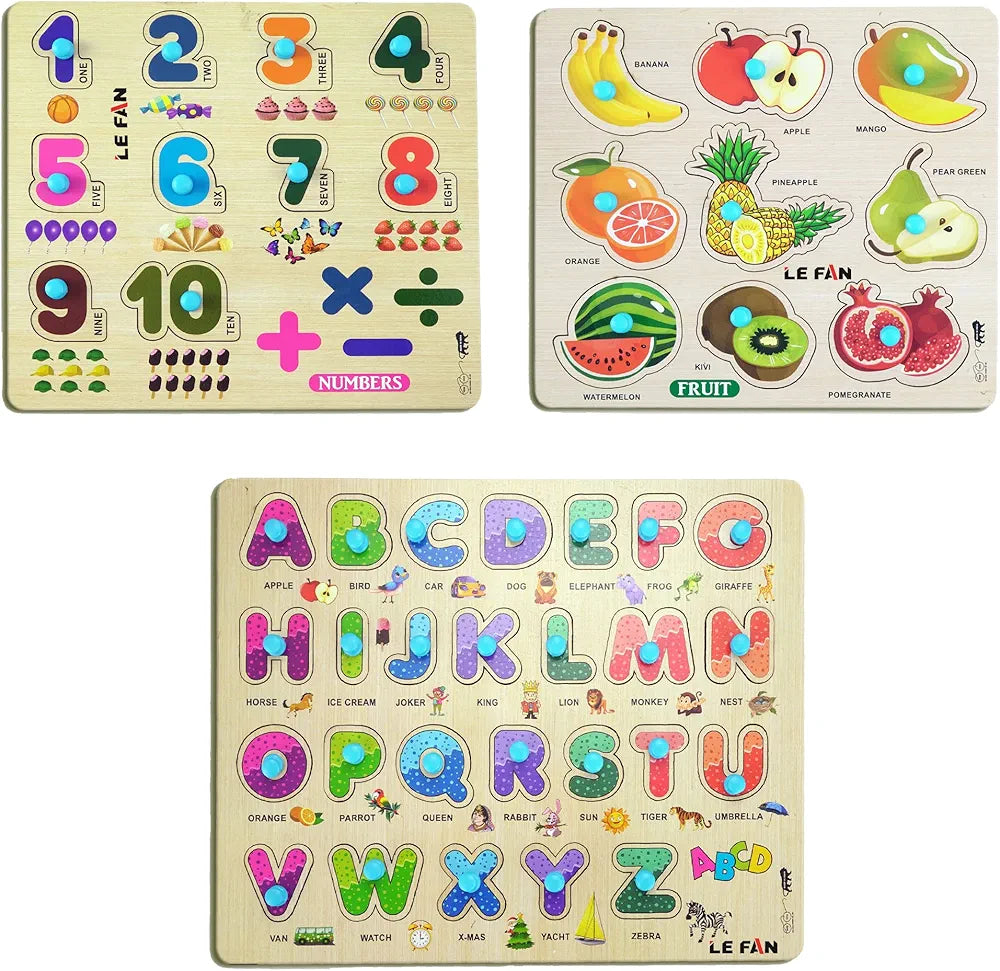 Lefan Kids Fort Pre Nursery Educational Jigsaw Puzzles for Adults Kids Learning Toys Kit Board Game 3 pcs Set of Numbers Alphabets & Fruits Educational Toy