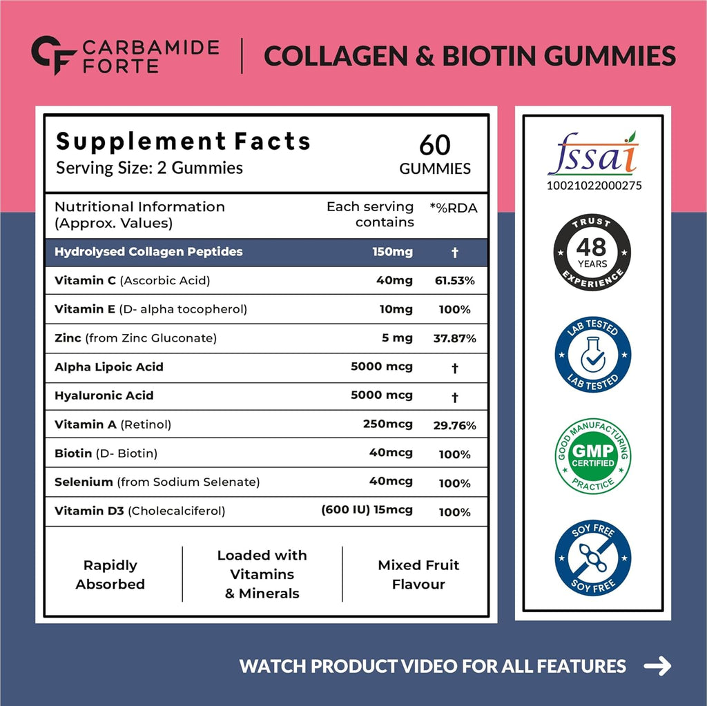 Carbamide Forte Collagen Supplements For Skin | Hair Gummies For Women Hair Growth | Biotin Gummies For Hair Growth & Skin Health For Women & Men | Mixed Fruit Flavour - 60