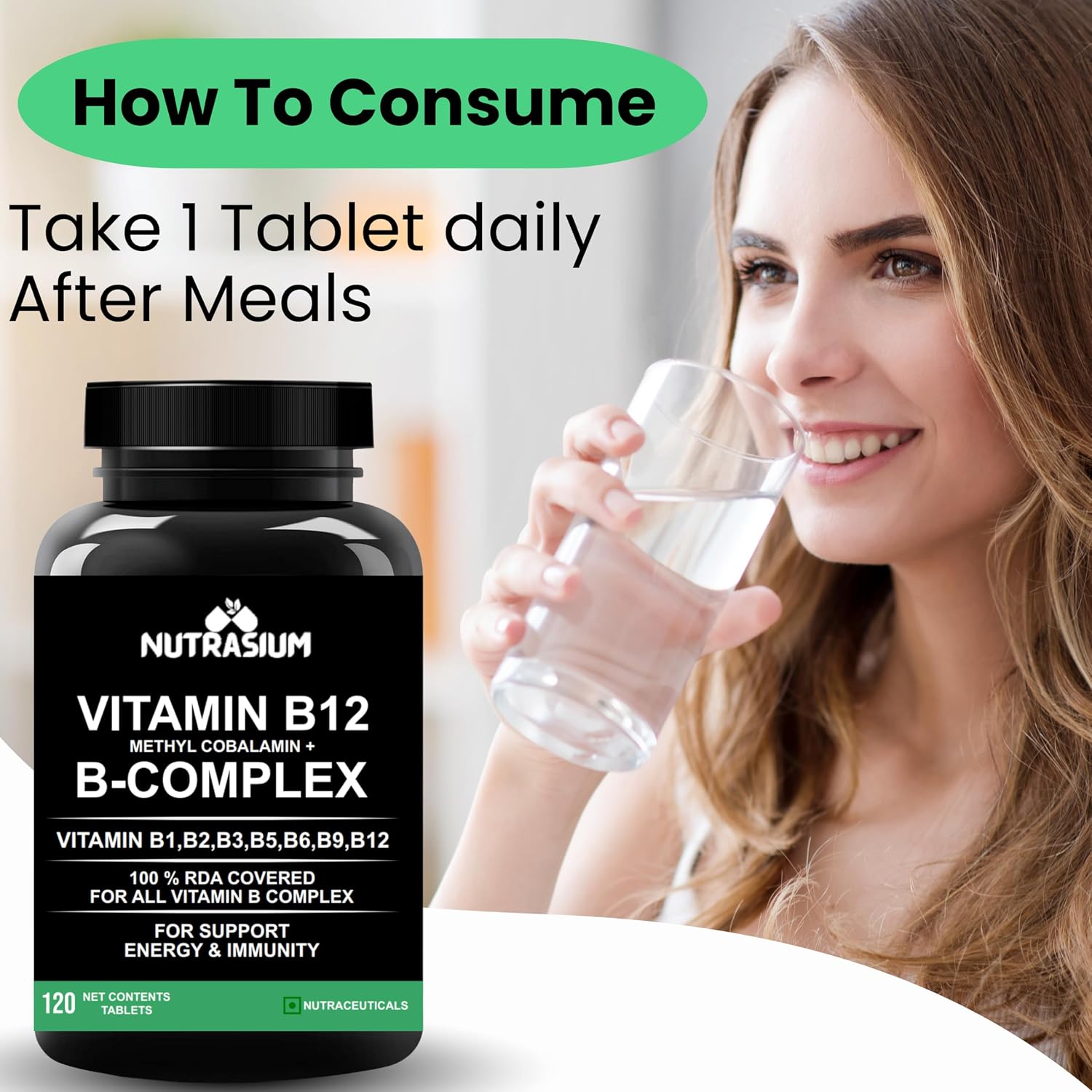 Nutrasium Vitamin B12 with B-Complex Tablets - 100% RDA for B Vitamins with B1, B2, B3, B5, B6, B9 & Vitamin B12 | Vitamin B Complex Supplements for Women & Men - 120 Vegetarian Tablets