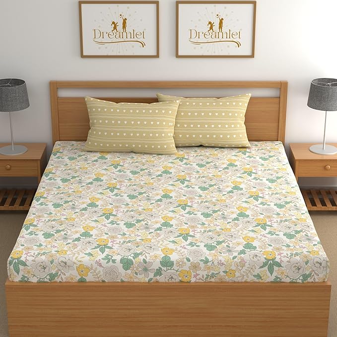 Dreamlet All Around Elastic Supersoft 210tc Premium Cotton Elastic Fitted Bedsheets With 2 King Size Pillow Covers | Yellow