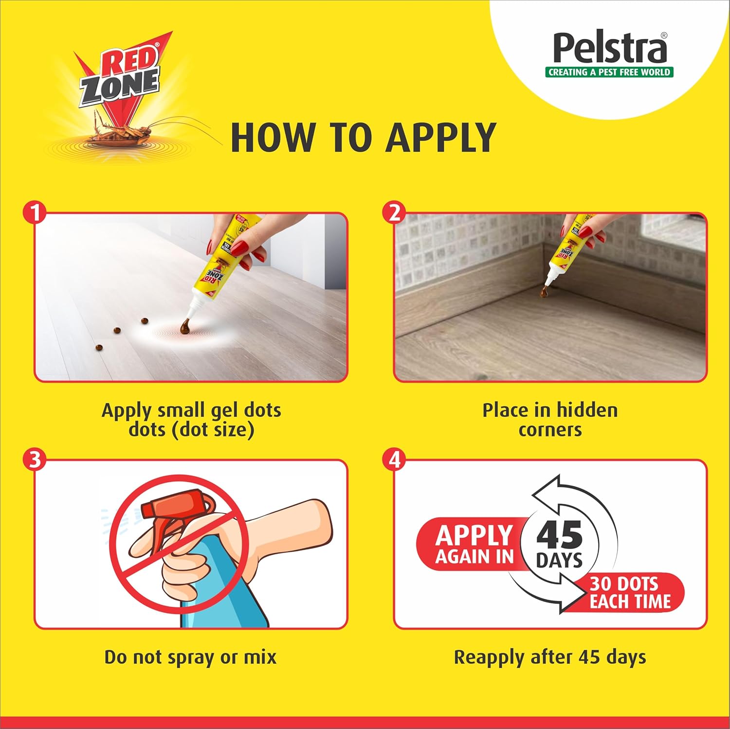 REDZONE Cockroach Killer Gel - 20g, Advance Formula Strong & Effective Long-Lasting Cockroach Gel for Home, Kitchen & Office, Anti Roach with Eco-Friendly, Easy to Use, Fragrance Free (Pack of 4)