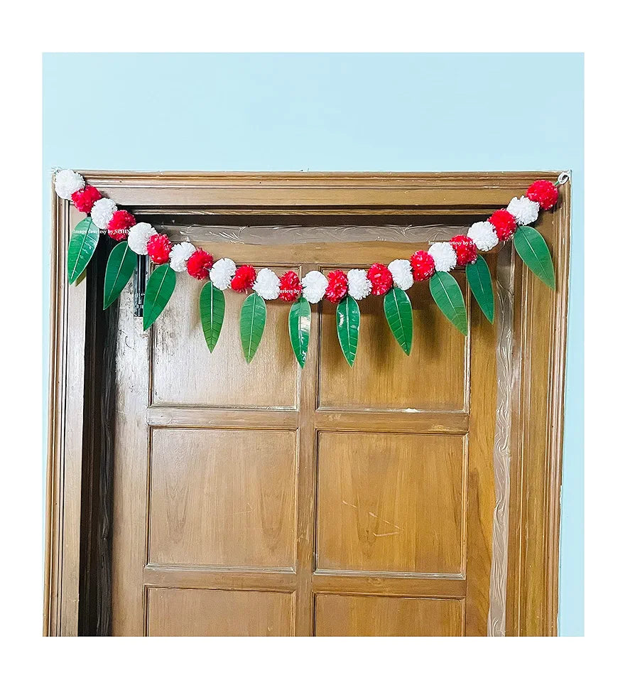 Artificial Marigold &Mango Leaves Simple Door-Window Toran White and Red