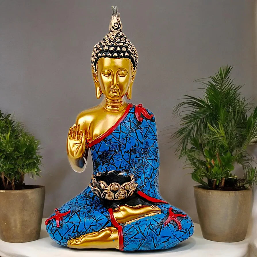 Neelaya Meditating Buddha Statue With Tealight Candle Holder Polyresin Showpiece 28 Cm Gold Blue