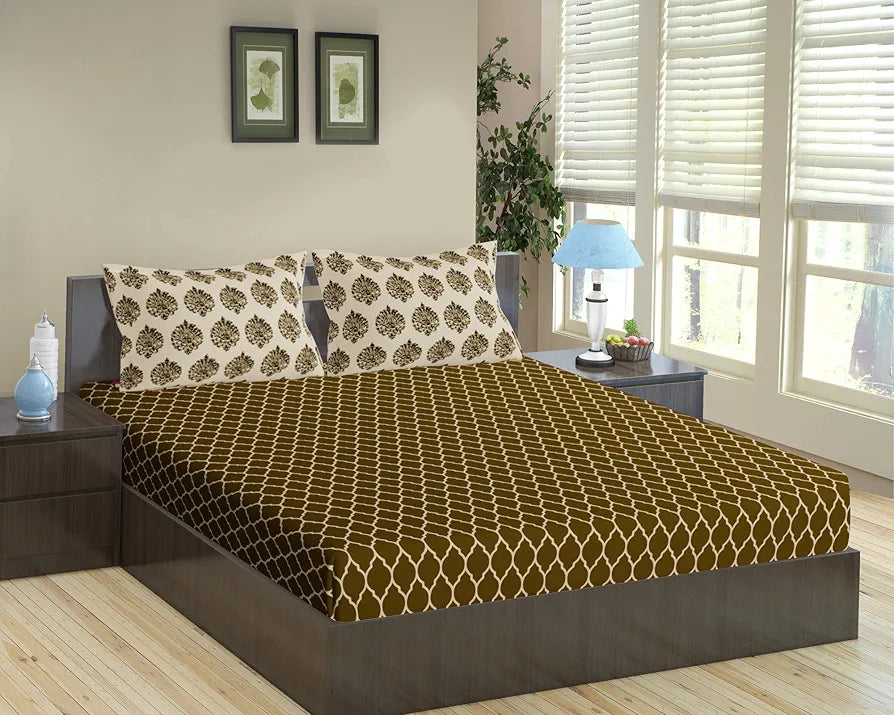 Trance Home Linen 200 TC 100% Cotton 78"x72" Standard King Size Elastic Fitted Bedsheet Printed King Bed Size with 2 Pillow Covers Colour Forest Green