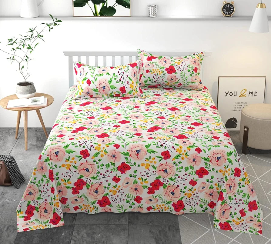 Homefab India 144 TC Microfiber Double Bedsheet with 2 Pillow Covers Floral White