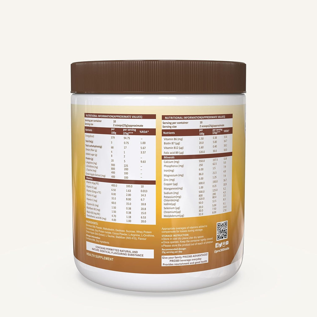 Pro360 Hair Grow Nutritional Protein Supplement Powder for Healthy Hair, Glowing Skin & Nails - Enriched with Biotin and Green Apple Skin Extract for Men & Women - Chocolate Flavor 250g (Pack of 1)