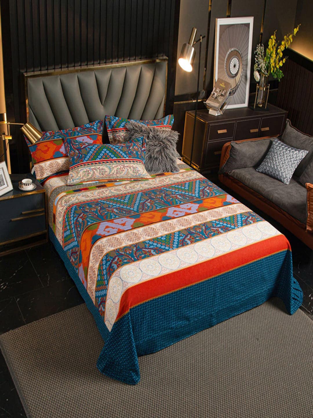 JC Collection Blue & Red Ethnic Motifs 220 TC King Bedsheet with 2 Pillow Covers