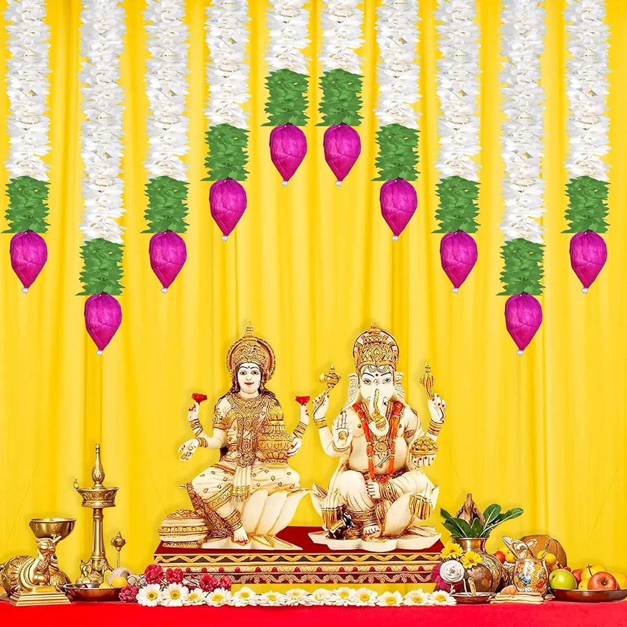 Garlands for Home Decoration Lotus Hangings  Offwhite Fabric & Solawood Lotus Buds