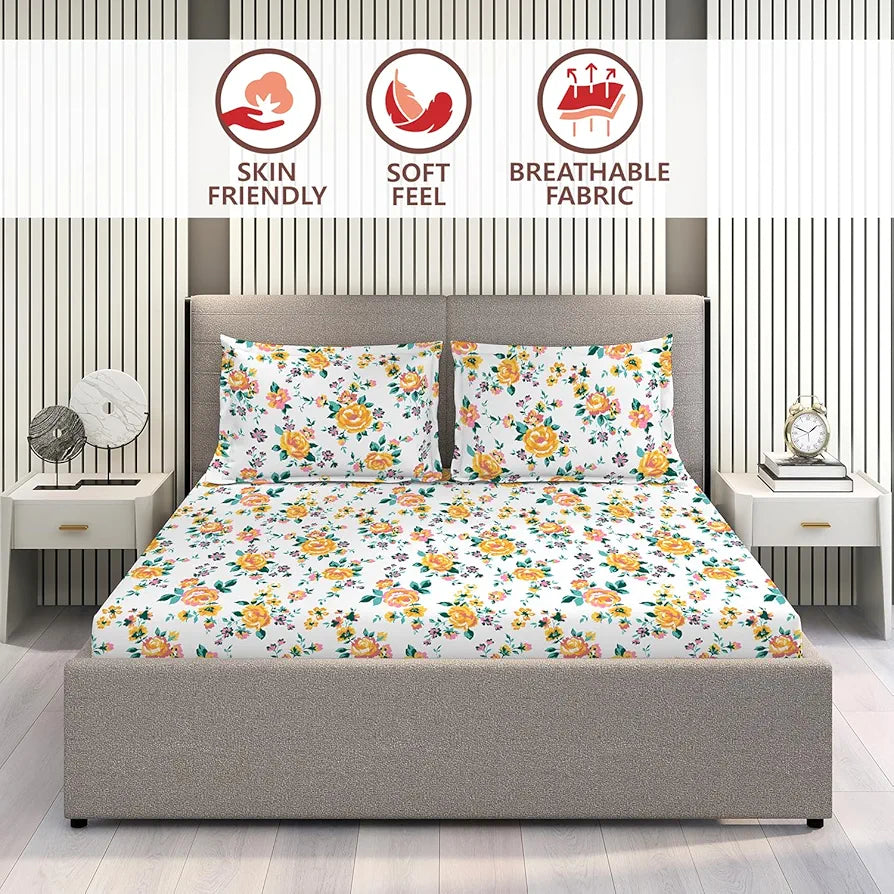 Layers Marigold Cotton Bedsheet Set for All Seasons Lightweight 144 TC King Size White Marigold