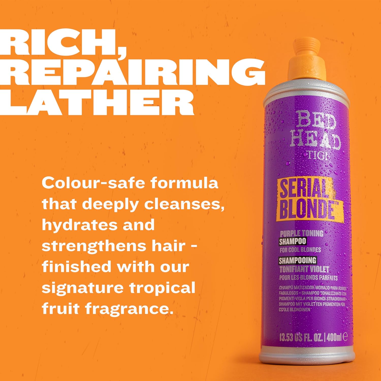 Bed Head TIGI Serial Blonde Restoring Shampoo for Damaged Hair, Colour Enhancing & Protection Shampoo with Keratin for Blonde Coloured Hair, Restores & Revives, UV Protection, Deep Cleanses & Moisturizes Hair, Exotic Tropical Fragrance, 600ml