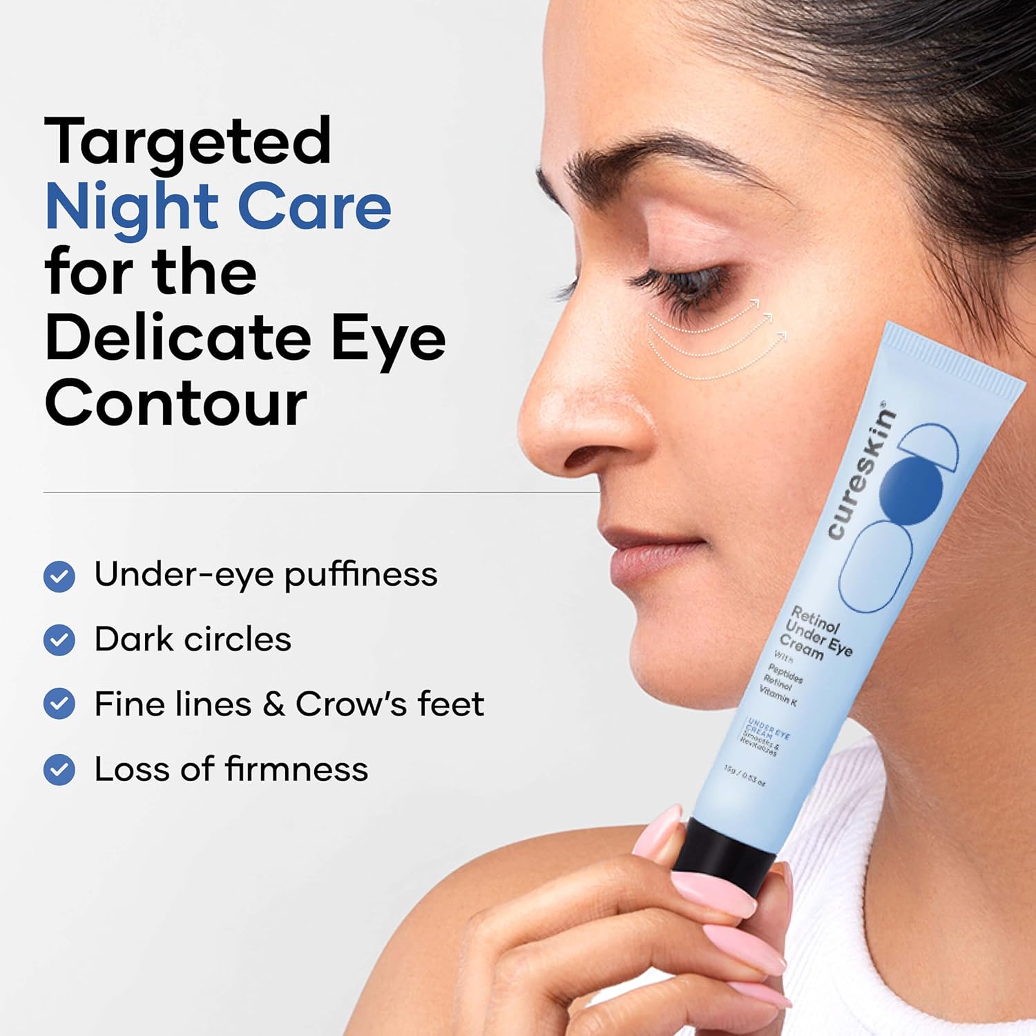 Cureskin Vitamin K + Retinol 01% Under Eye Cream | Reduces Dark Circles, Wrinkles & Fine Lines | With Peptides for Puffiness | For Women & Men | 15 gm