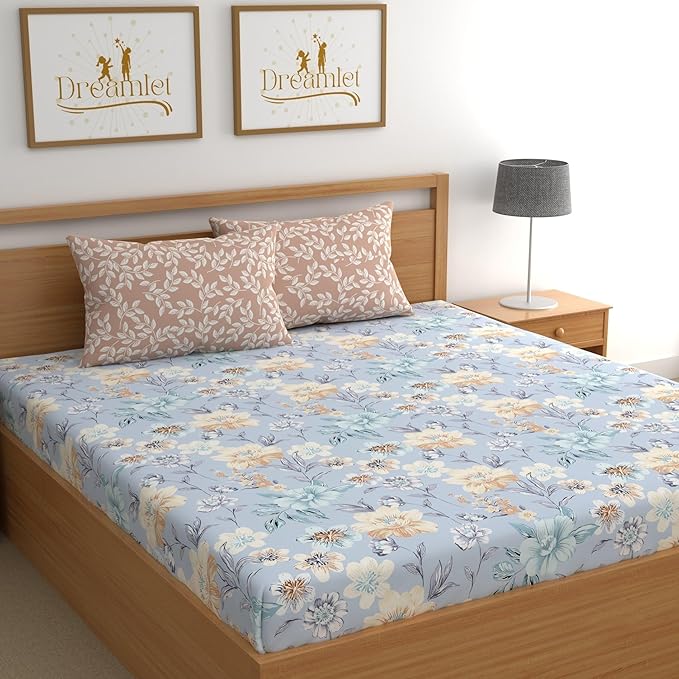 Dreamlet Premium Cotton Flat Double Bedsheets With 2 King Size Pillow Covers Double Bed Breathable | Blue