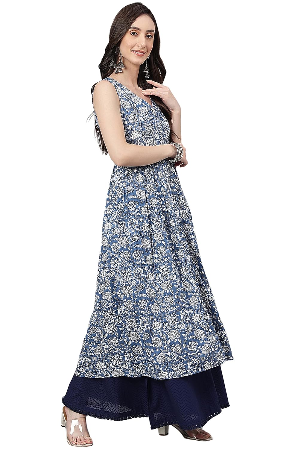 Janasya Women's Blue Cotton Floral Print Flared Kurta