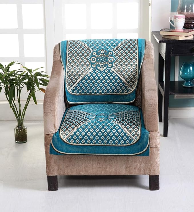 Nendle Velvet Fabric Geometric Sofa Cover Set of 5 Seater (Sky Blue, 6 Pieces)