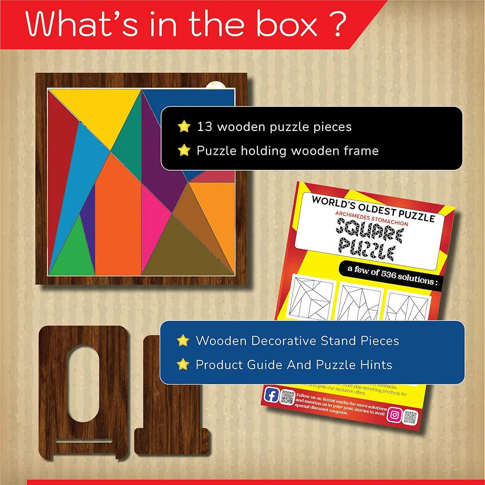 Playhills Brain Booster Fidget Play & Wooden Square Challenge: World’s First Puzzle by Archimedes High IQ Game with 500+ Solutions, Unique