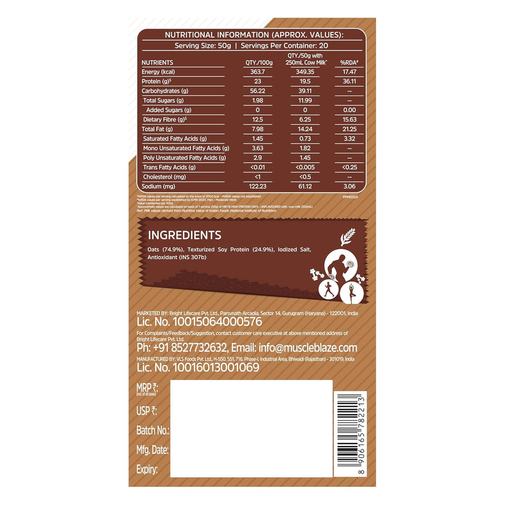 MuscleBlaze Fit High Protein Oats (Unflavoured, 1kg) | 23g Protein | Breakfast Cereals for Weight Management