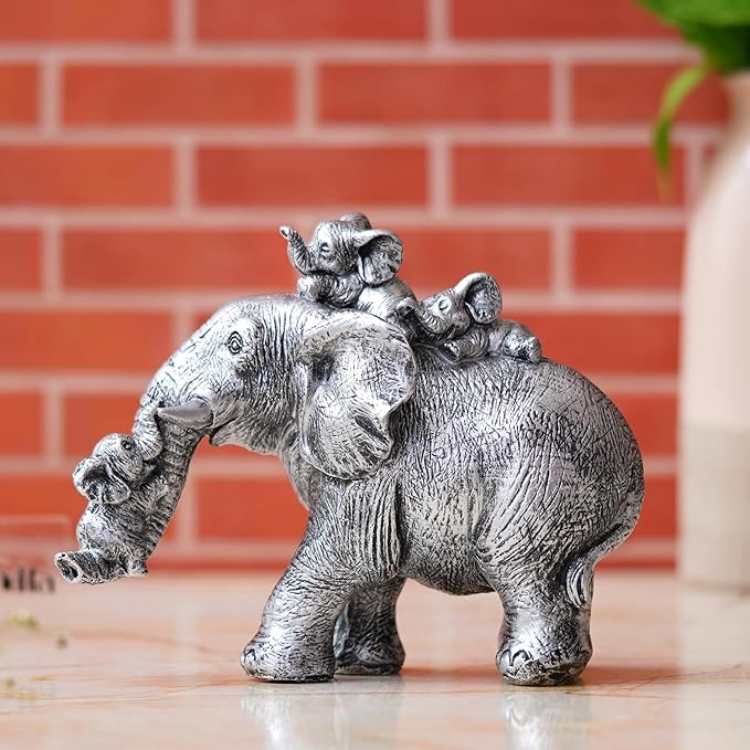 Ecraftindia Cute Silver Elephant Statue Carries Three Calves on Its Back and Trunk | Good Luck Home Decor Showpiece