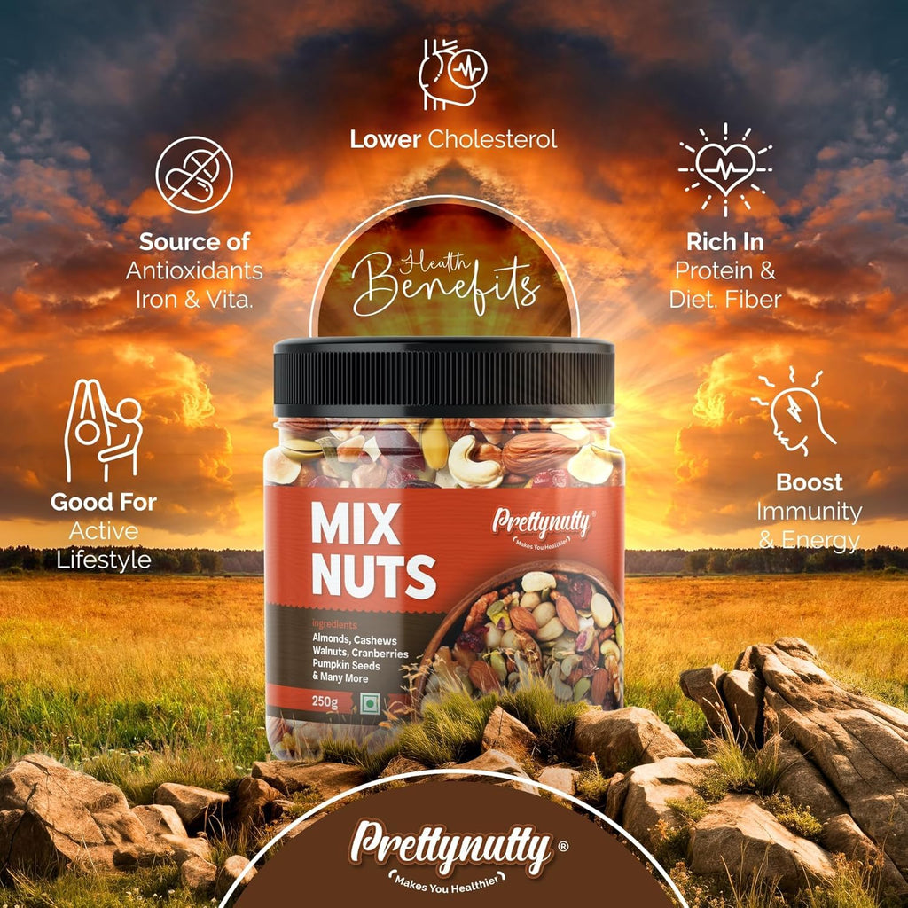 PrettyNutty Healthy Nutmix 250g, Dried Almonds, Black Raisins, Cashewnuts, Cranberries, Green Raisins, Walnut Kernels & Many More.