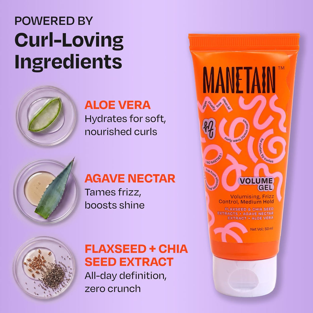 MANETAIN Volume Curl Gel 50ml for Curly & Wavy Hair | Flaxseed Curl Defining Gel with Medium Hold | Anti-Frizz & Moisturizing Styling Gel | Lightweight, CG-Friendly Hair Gel for Defined Curls