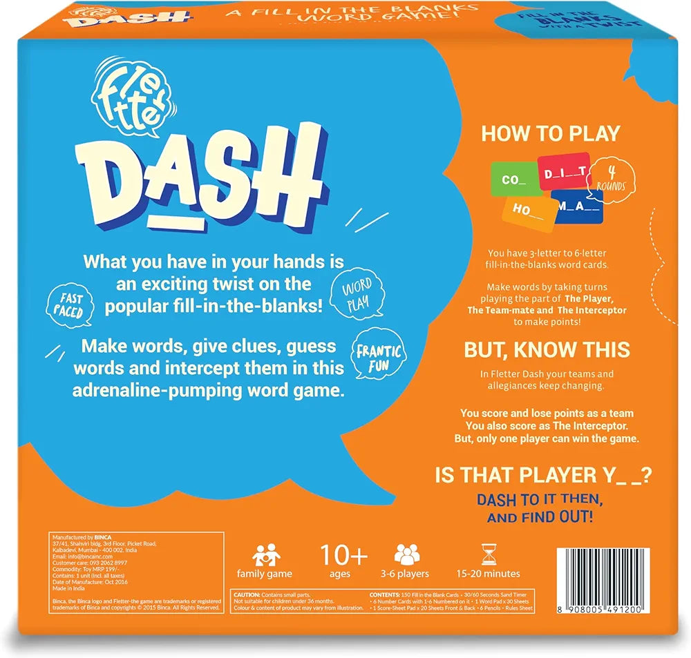 Binca Fletter Dash, A Fun Fill-in-The-Blanks Strategic Word Card Game for All Ages | Fun and Strategic Word Game | Test Vocabulary and Concentration | Ages 7+