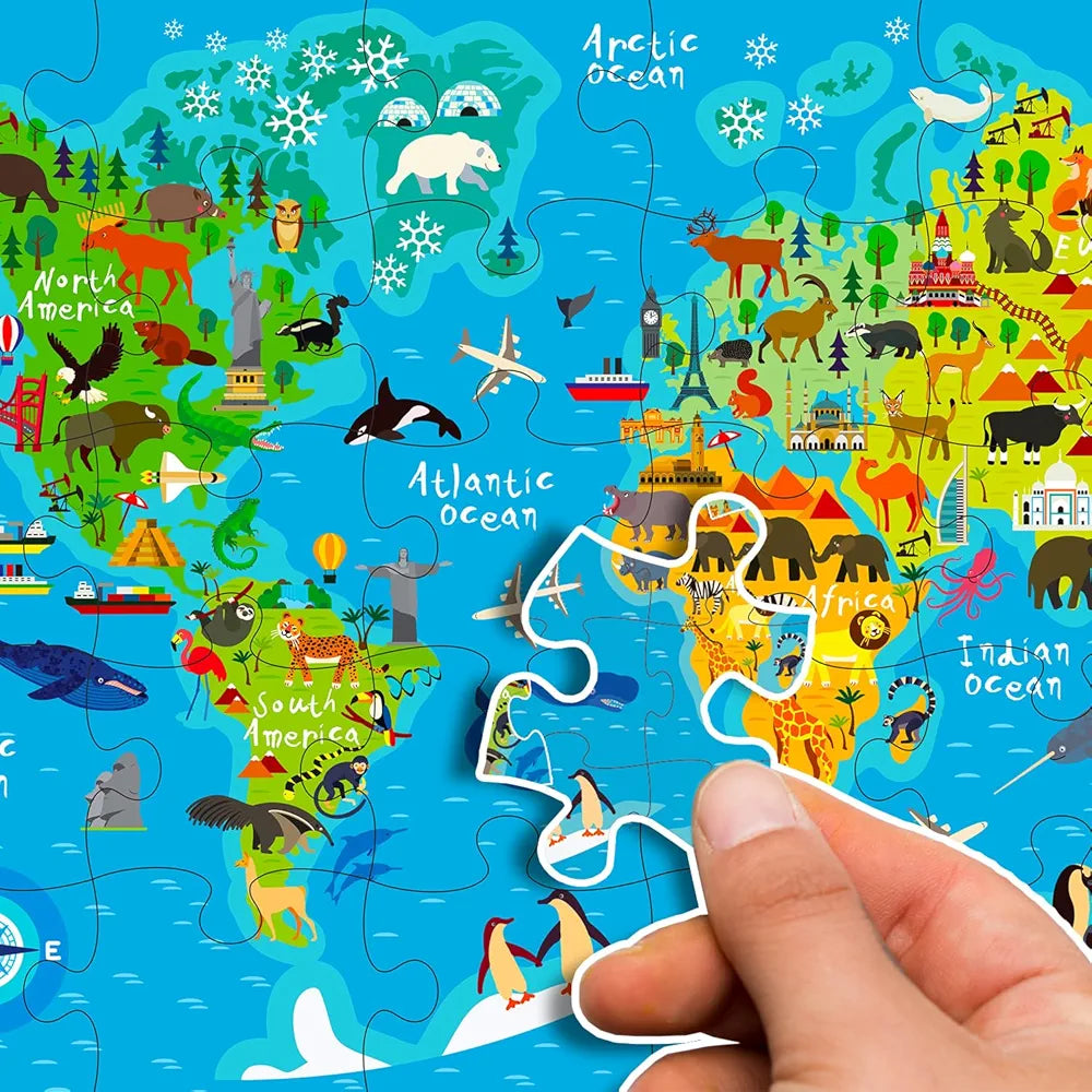 Hello Friend World Map Jigsaw Puzzle Box for Kids 100 Piece Jigsaw Puzzle Trave Brain Games for Children Ages 6-12