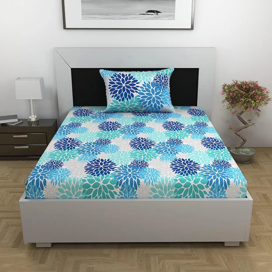 Divine Casa 144 TC Polycotton Single Bedsheet with 1 Pillow Cover Floral Pattern Colour Aqua & Blue