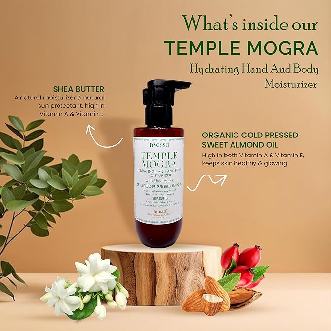 Nyassa Temple Mogra Hand and Body Moisturizer With Shea Butter & Organic Sweet Almond Oil - 200 Ml