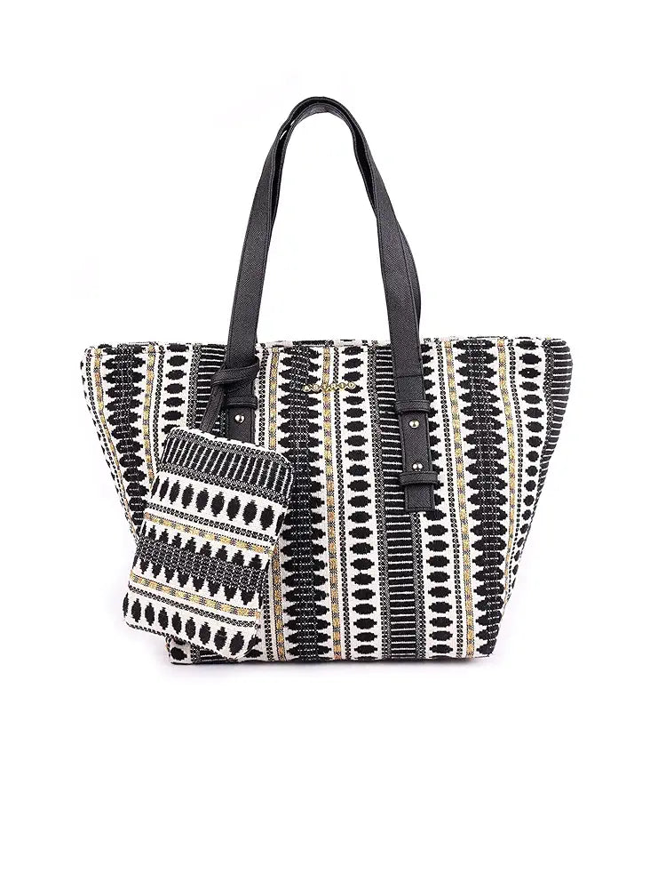 Astrid Cotton Textured Tote Bag With Coin Pouch Black