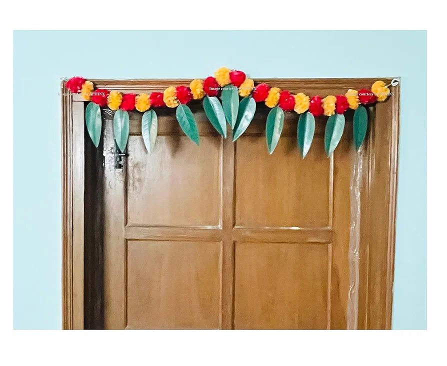Artificial Marigold &Mango Leaves Simple Door-Window Toran Light Orange and Red