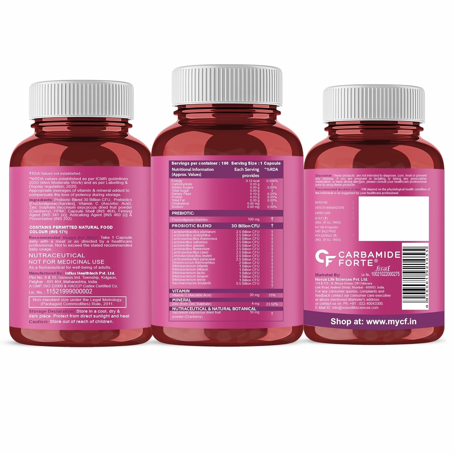 Carbamide Forte Probiotics Supplement 30 Billion for Women & Men - 100 Veg Capsules (Pack of 2)