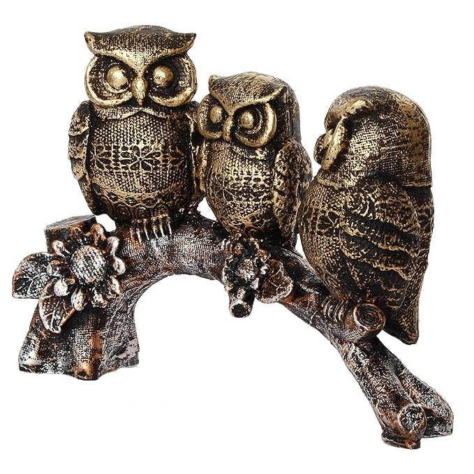Ecraftindia 3 Owl Sitting on Branch Antique Finish Handcrafted Polyresin Decorative Showpiece