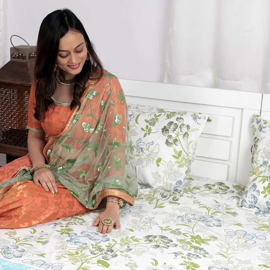 Divine Casa Bedsheet for Single Size Bed 144 TC Cotton Bedsheet for Single Size Bed with 1 Pillow Cover  Floral Colour Mint Blue