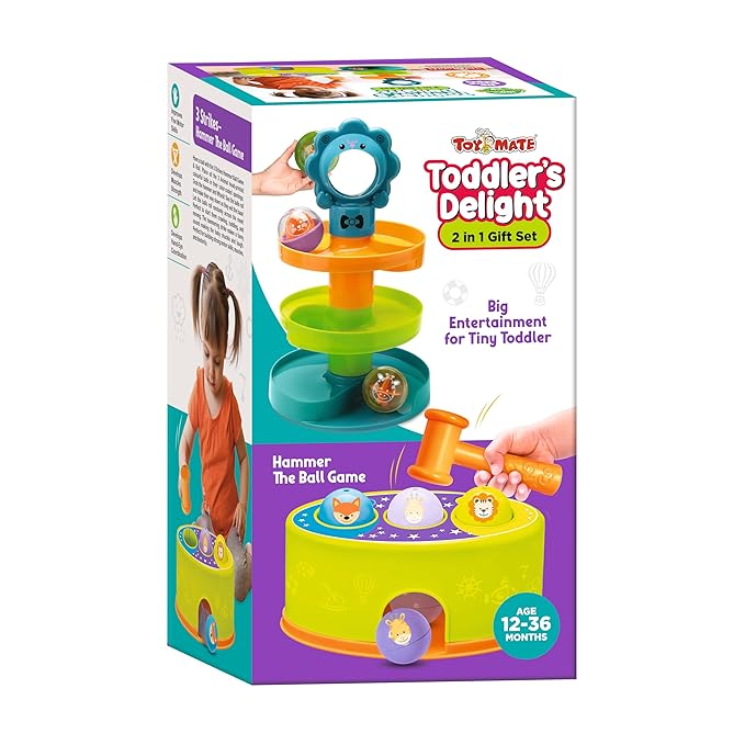 Toymate Toddler’s Delight 2-in-1 Gift Set Spiral Ball Ramp Tower & Pound-a-Ball Hammer Toy