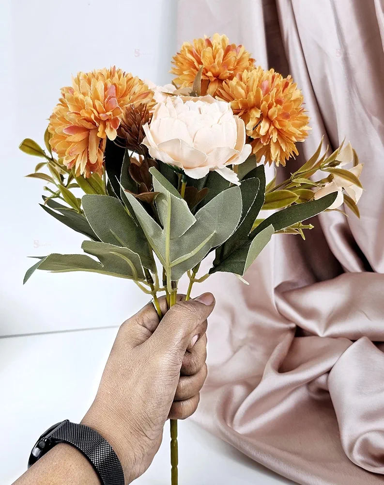 Bunch Artificial Dahlia Peony Flowers Sticks Orange