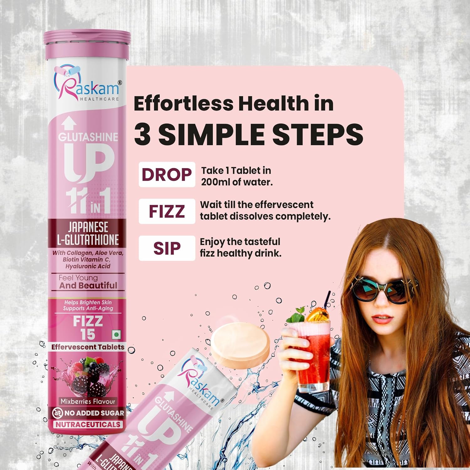 Glutathione Tablets Japanese L Glutathione 15 Effervescent Tablet In Mixberry Flavour With Collagen Aloevera Biotin Vitamin-c Hyaluronic Acid For Skin Glow & Hydration (Pack of 1)