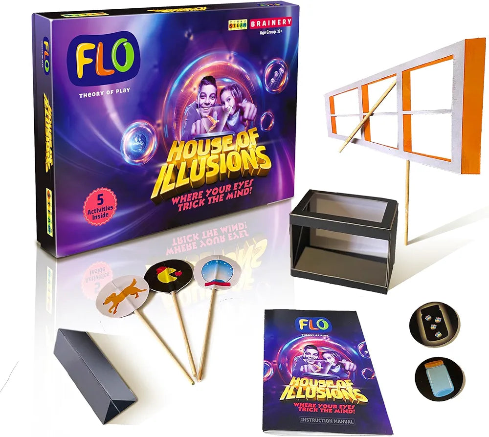 FLO Toys House of Illusions STEM Kit for Kids Age 6+ 5 Optical Illusion Experiments Kaleidoscope Hologram Theatre Mini Hologram Thaumatrope & Ames Window