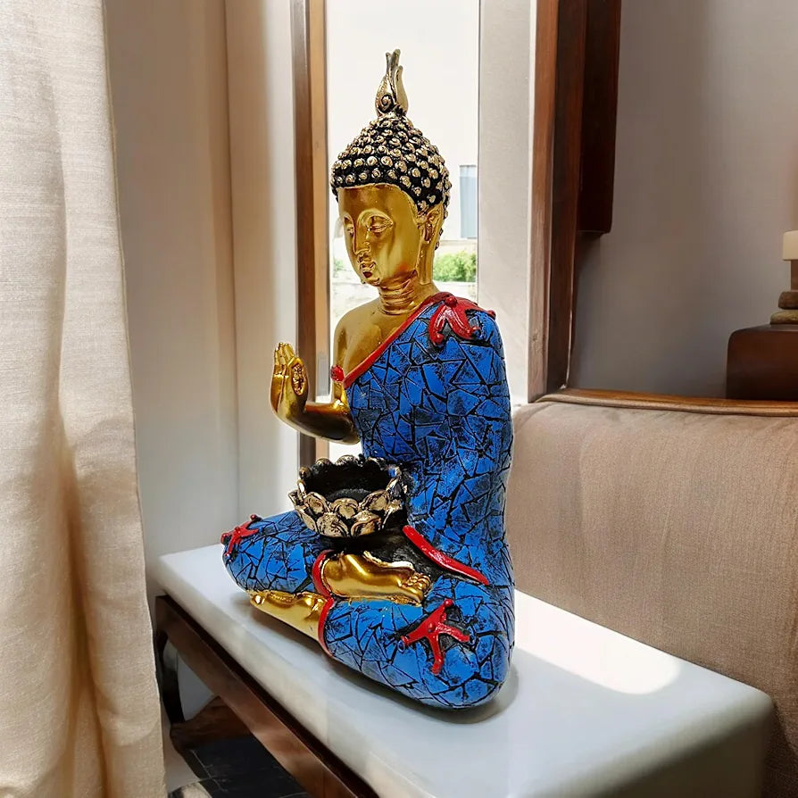 Neelaya Meditating Buddha Statue With Tealight Candle Holder Polyresin Showpiece 28 Cm Gold Blue