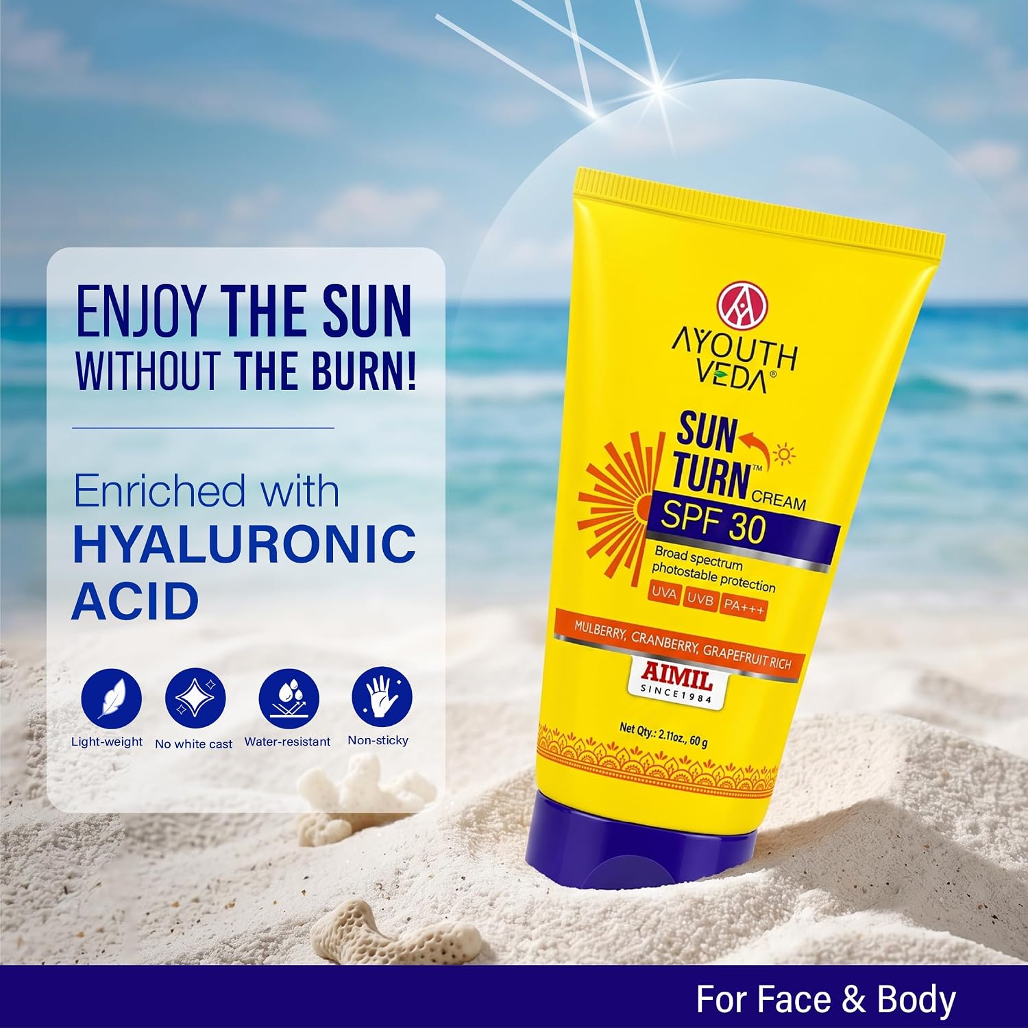 Ayouthveda Sun Turn Cream SPF 30 PA+++ Sunscreen | Hydrating Sun Protection with Hyaluronic Acid, Mulberry, Cranberry & Grapefruit | Broad Spectrum UVA/UVB Defense | Non-Greasy, Water-Resistant Sunscreen for Face & Body | 60g