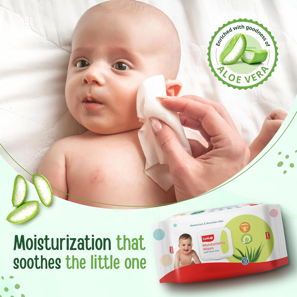 LuvLap Moisturising Wet Wipes with Lid For Baby Skin, Enriched with Aloe Vera, Vitamin E & Chamomile Extract, pH Balanced, Dermatologically Safe, Paraben & Sulphate Free, 72 Wipes