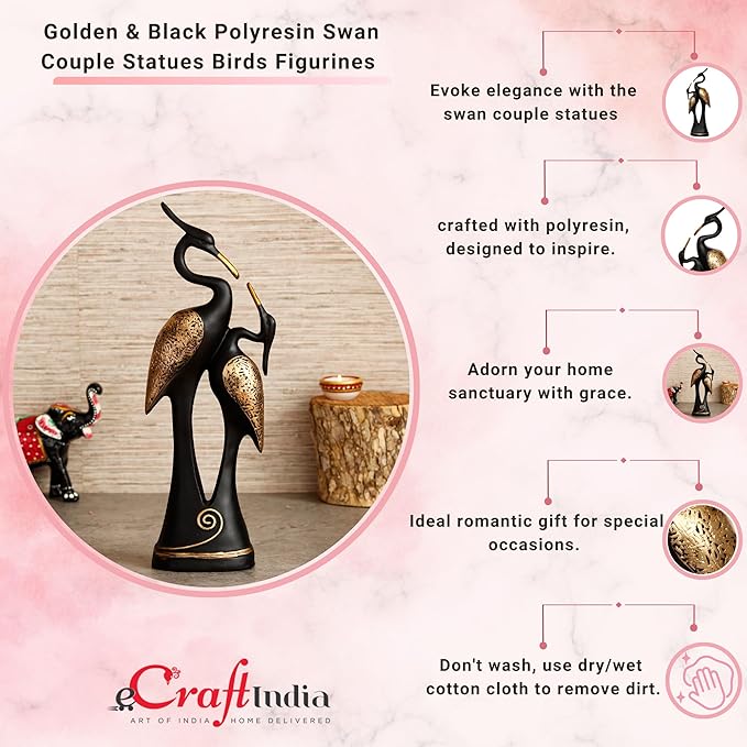 Ecraftindia Resin Golden and Black Kissing Swan Couple Statues Love Birds Figurines Decorative Showpieces