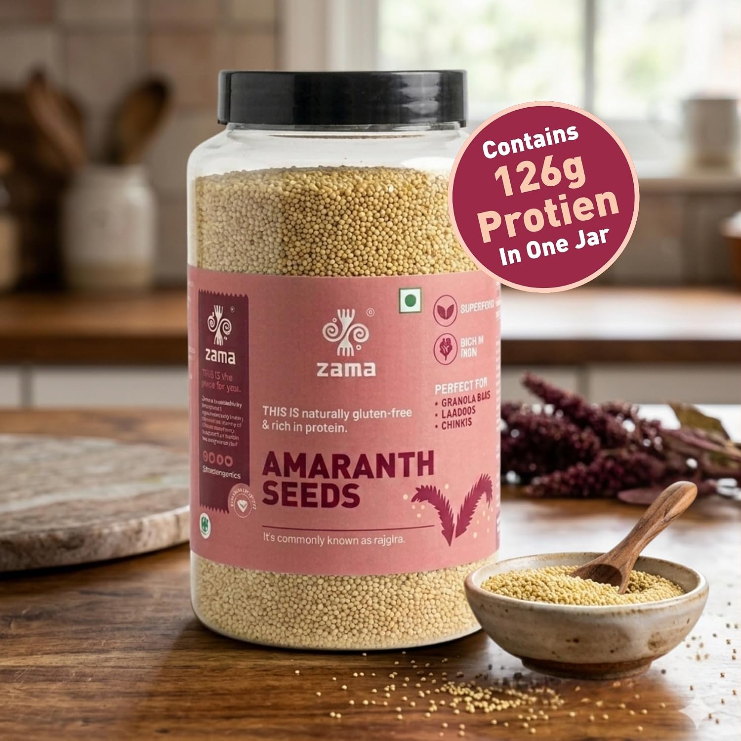 Zama Organics Amaranth Seeds 1Kg Jar | Rich in Fiber & Protein | Keto Friendly | Gluten free, Calcium Rich | No Cholesterol | Rajgira Seed | Best for soups, chapati, salads