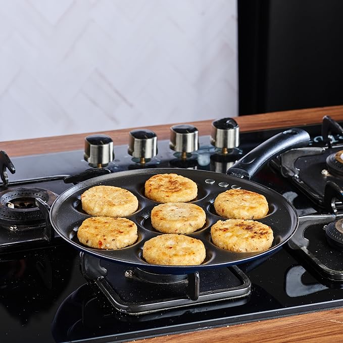 Vinod Zest Aluminium Non Stick Mini Uttapam Pan - 7 Cavaties, 26 cm | 3mm Thick | 3 Layer Coating | Bakelite Handle