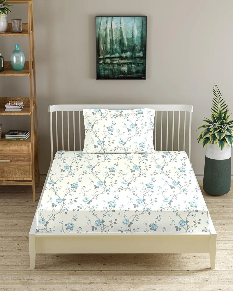 Trance Home Linen 180Tc 100% Cotton 78"X36" Single Size Elastic Fitted Bedsheet Printed With 1 Pillow Cover Smallsingle Colour Aster Blue