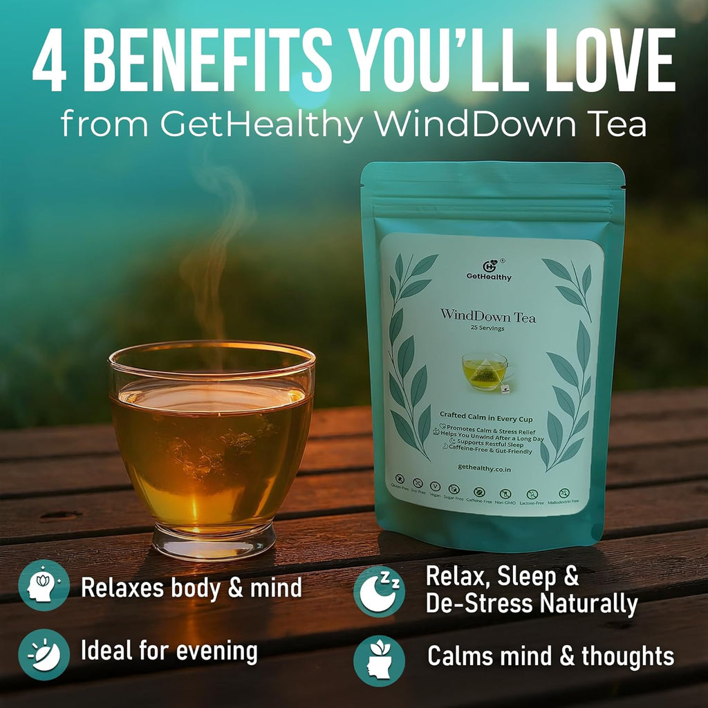 GetHealthy® WindDown Tea™ for Sleep | Caffeine Free Bedtime Herbal Blend with Chamomile, Ashwagandha & Lavender | Relaxing Sleep Tea for Nighttime Calm | Premium Chamomile Tea Bags | 25 Pyramid Bags