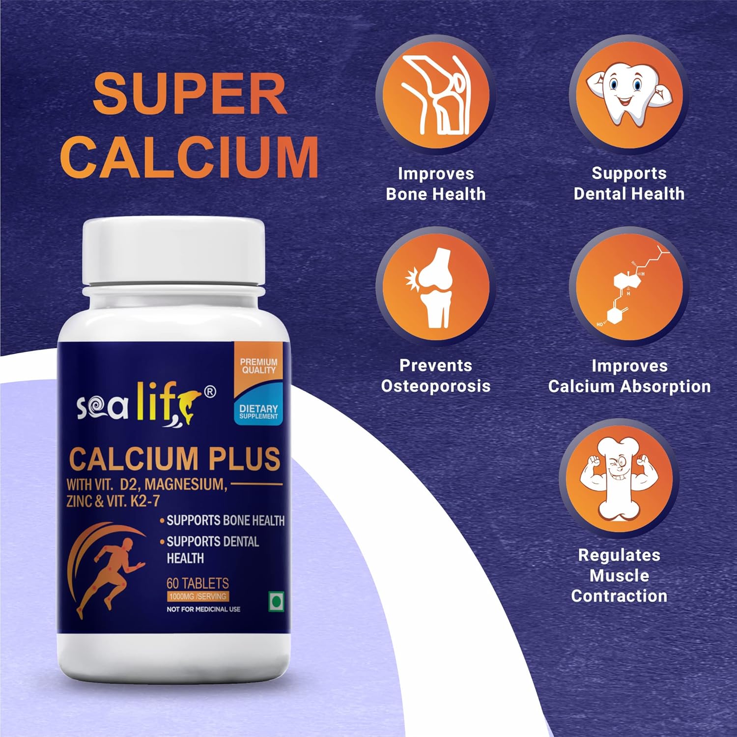 Sea Life Calcium Plus (60 Tablets) With Vitamin D2, k2-7 Magnesium & Zinc | Supports Stronger Bones, Teeth, Immunity & Muscle Health For Women and Men.